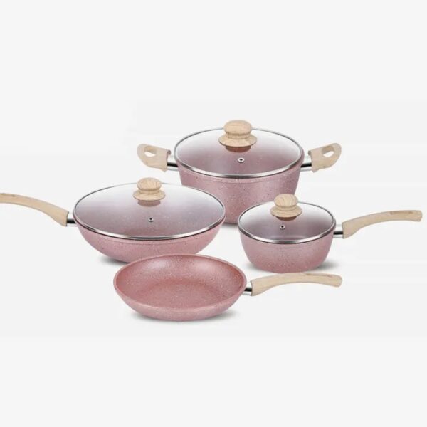 Pink Nonstick Rolled Edge Aluminum Cookware Set With Bakelite Handle